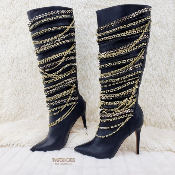 FINAL SALE Black Multiple Gold Chain 4.5" Heel Knee High Boot Last One - Picture 2 of 13